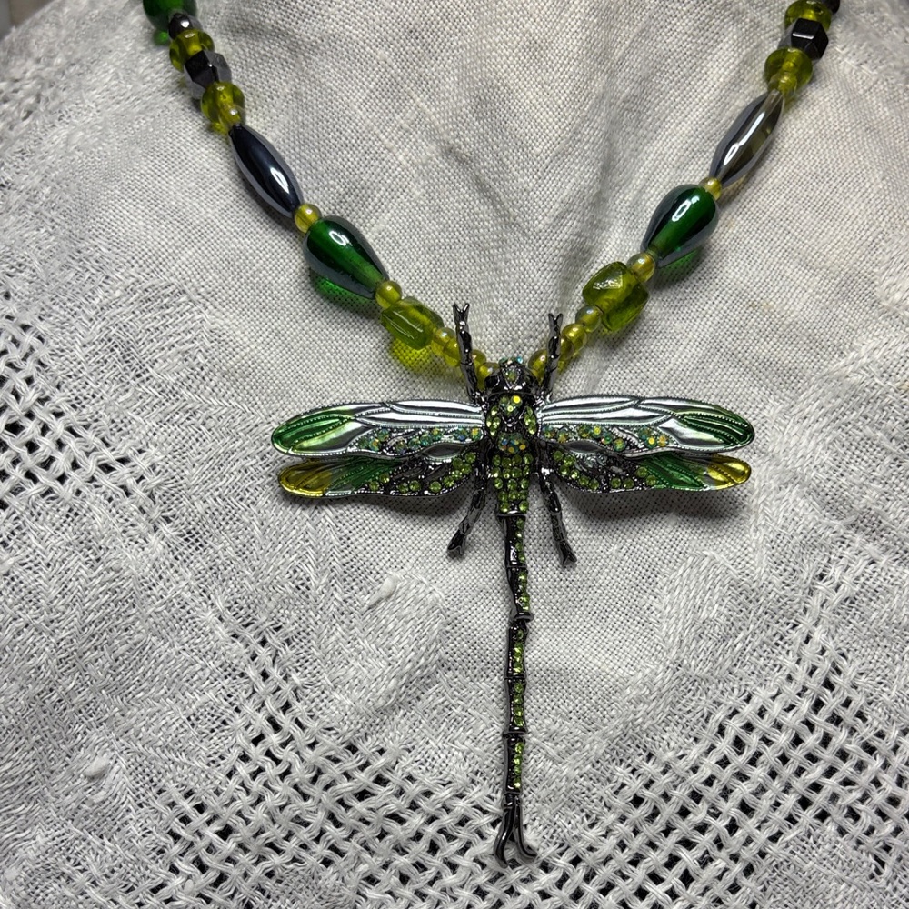 Green Dragonfly Pendant with Vintage Glass Bead Necklace & Matching Earrings